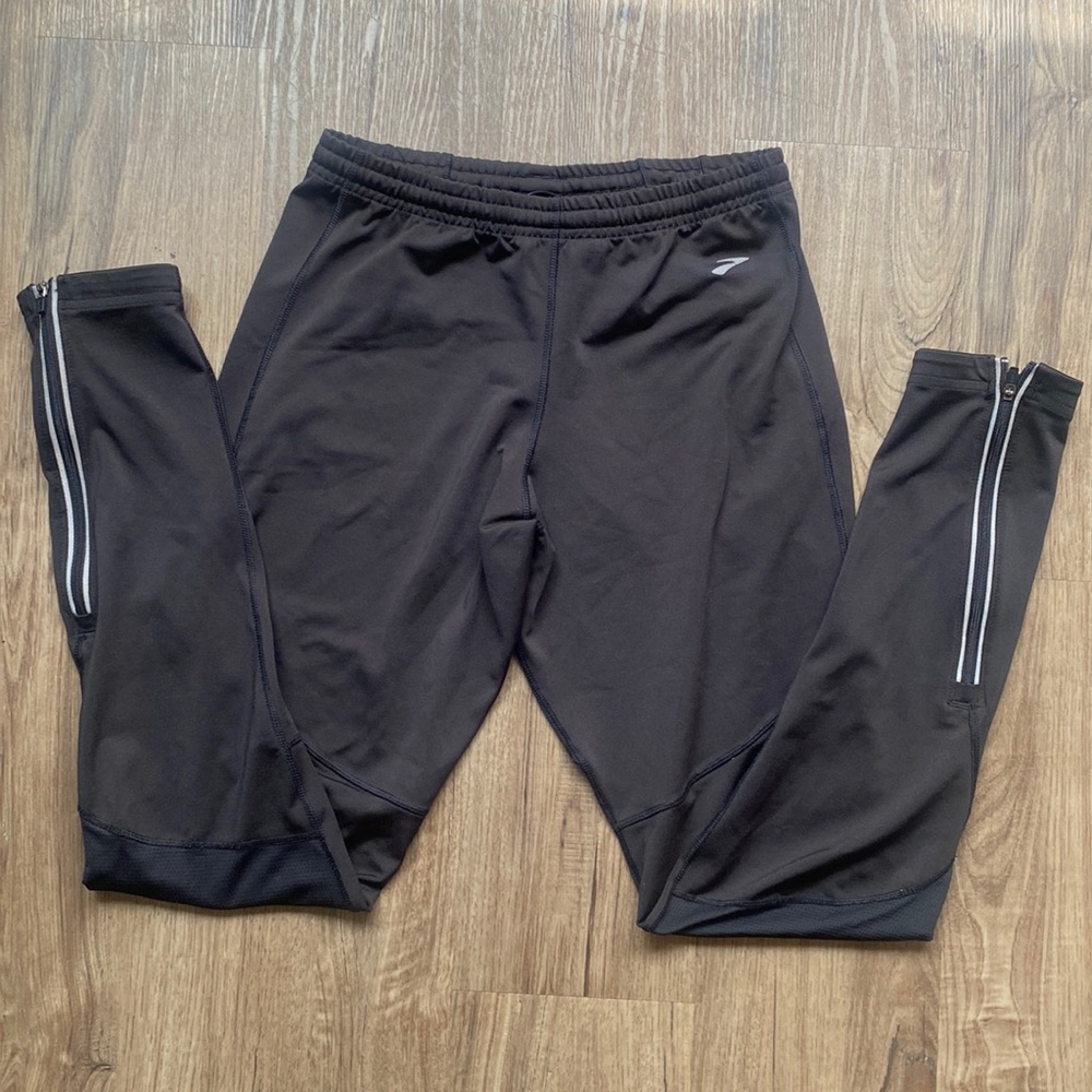 Brooks Joggers Leggings Black Ankle Zipper Drawstring Elastic Waist